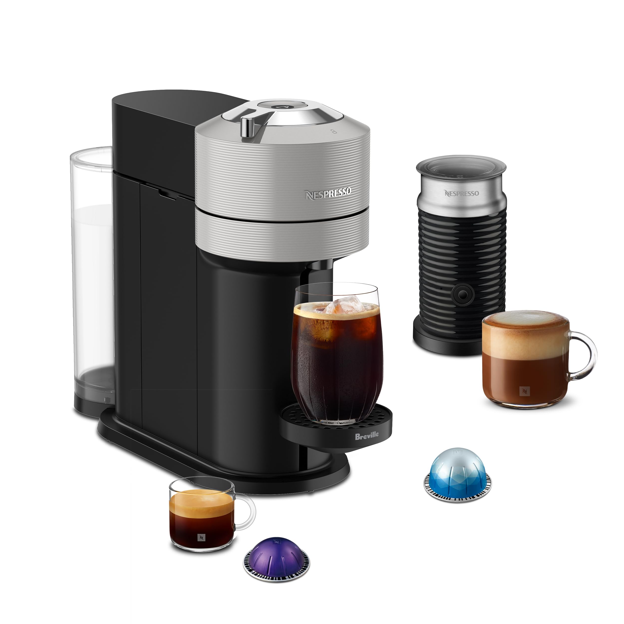 Nespresso Vertuo Next Coffee and Espresso Maker by Breville, with Aeroccino Milk Frother, Light Grey