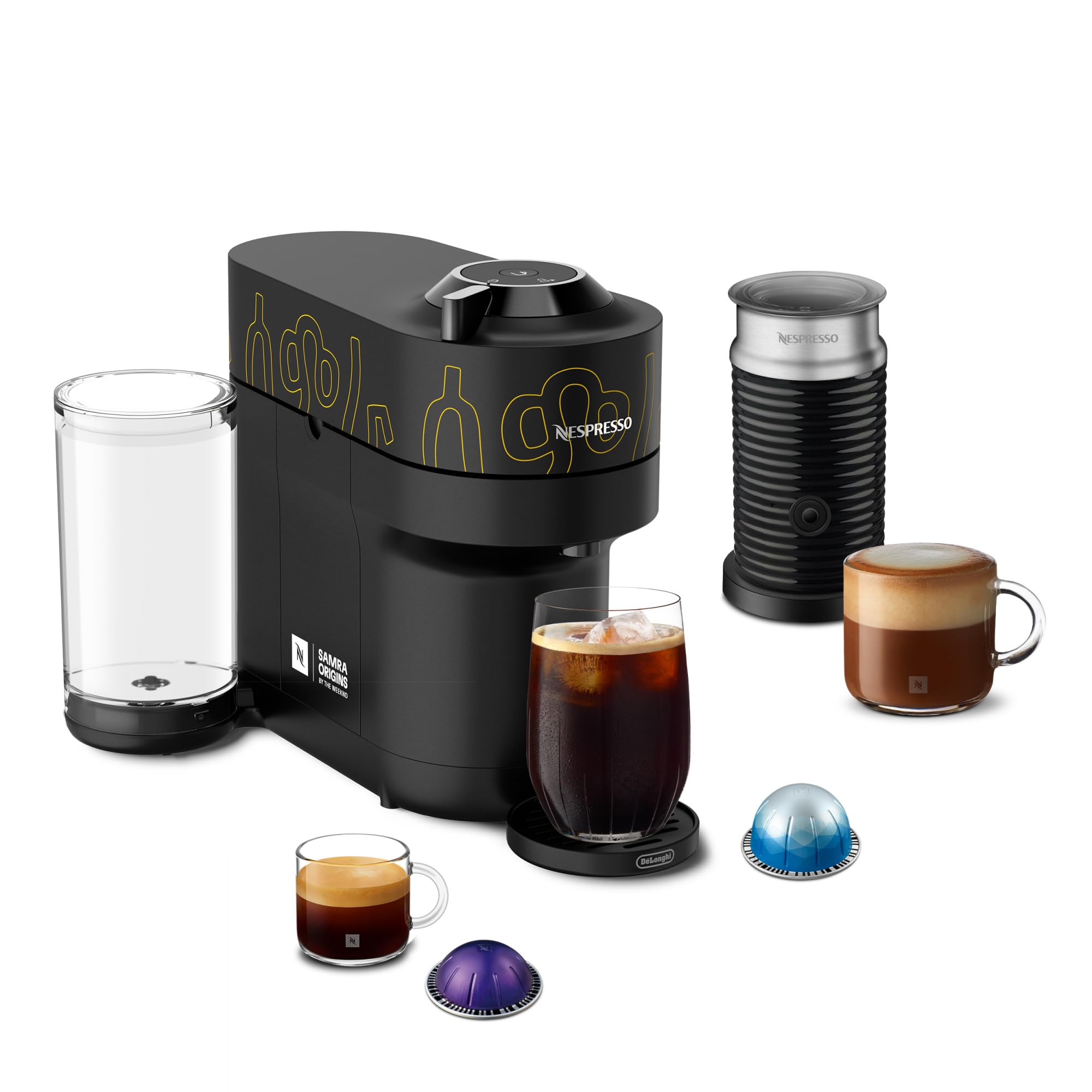Nespresso Vertuo Pop+ Coffee and Espresso Maker by De'Longhi, Samra Origins by The Weeknd Vertuo Buna Yellow Aeroccino3 milk frother