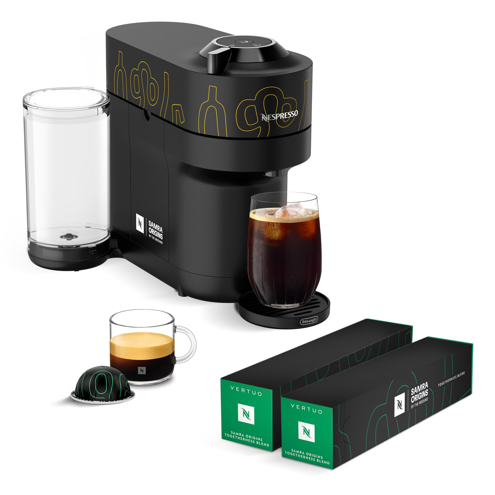 Nespresso Vertuo Pop+ Coffee and Espresso Maker by De'Longhi, Samra Origins by The Weeknd with Togetherness Blend, Double Espresso, Light Roast, 20-Count Coffee Pods